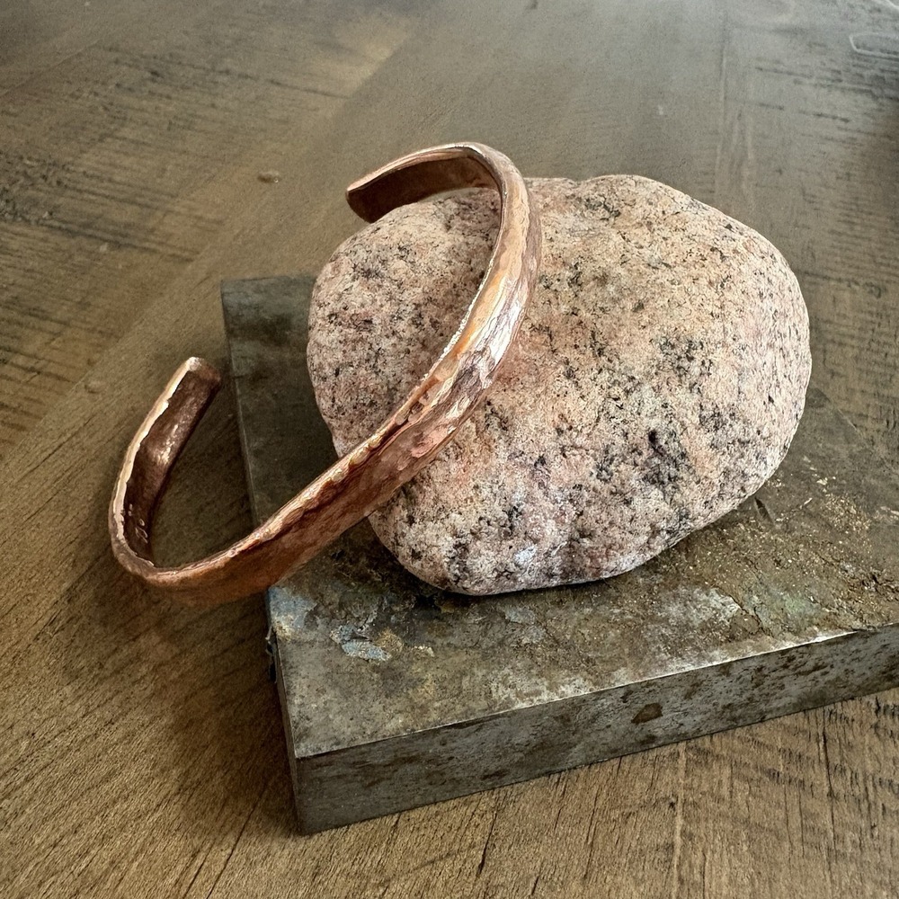 Pure Copper Handmade Thin Slim Cuff Bracelet Men's Hammered Bare Finish - Picture 5 of 8